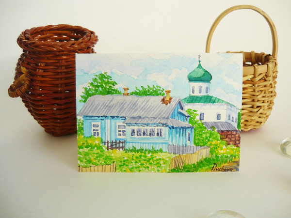 Russian Village Landscape with House and Church, ACEO, Watercolor 04.JPG