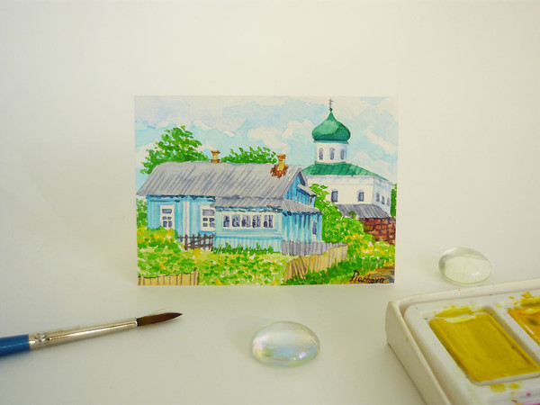 Russian Village Landscape with House and Church, ACEO, Watercolor 06.JPG