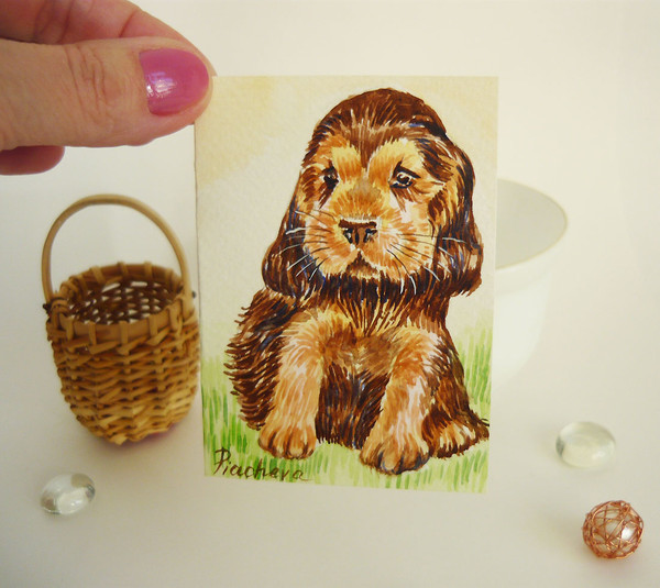 Funny Puppy with Long Ears Dog, ACEO, Watercolor, animal 04.JPG