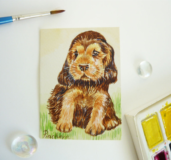 Funny Puppy with Long Ears Dog, ACEO, Watercolor, animal 06.JPG