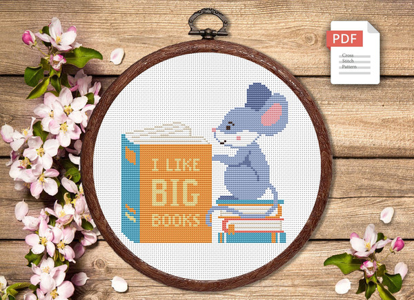 I Like Big Books Cross Stitch Pattern, Mouse Cross Stitch Pa