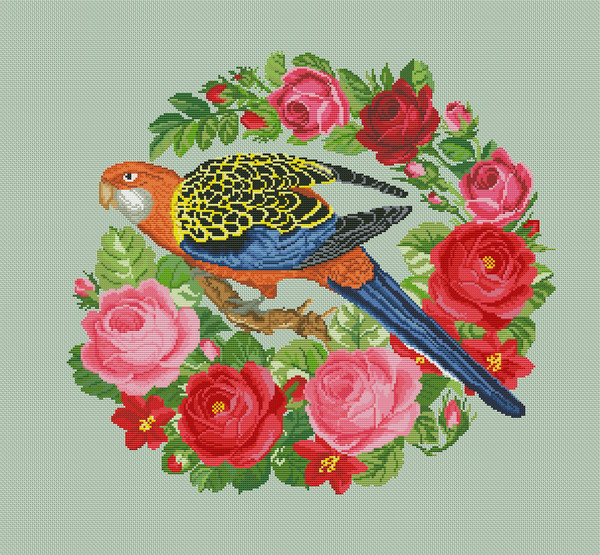 Vintage Cross Stitch Scheme Parrot and roses 