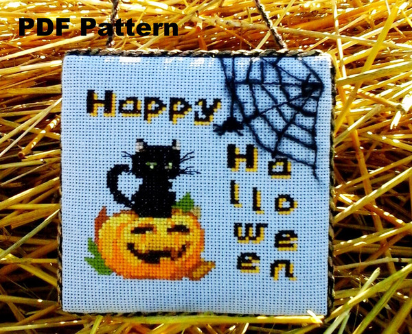 Halloween Cross Stitch Embroidery, Black Cat & Pumpkin, Happy Halloween Cross Stitch Pattern PDF, Beginner Embroidery, Halloween Decor Indoor Hanging.jpg
