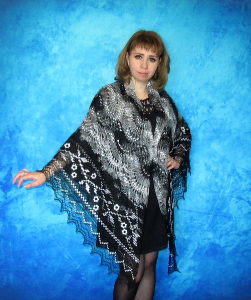 Gray embroidered large Orenburg Russian shawl, Hand knit cover up, Wool wrap, Handmade stole, Warm bridal cape, Kerchief, Big scarf, Pashmina 4.JPG