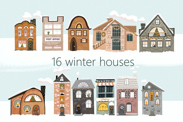 Winter snowy houses clipart