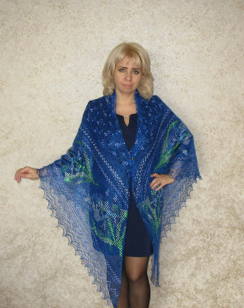 Blue embroidered Orenburg Russian shawl, Hand knit cover up, Wool wrap, Handmade stole, Kerchief, Wedding shawl, Warm bridal cape, Big scarf 4.JPG