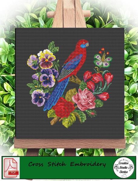 Vintage Cross Stitch Scheme Bird and flowers