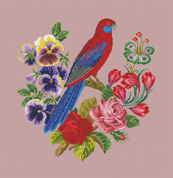 Vintage Cross Stitch Scheme Bird and flowers