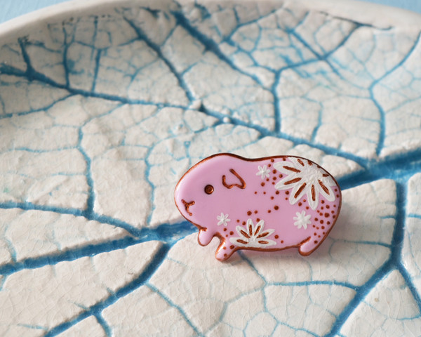 Hand painted pink guinea pig with white flowers handmade pin brooch 2.jpg