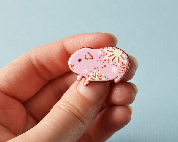 Hand painted pink guinea pig with white flowers handmade pin brooch 4.jpg