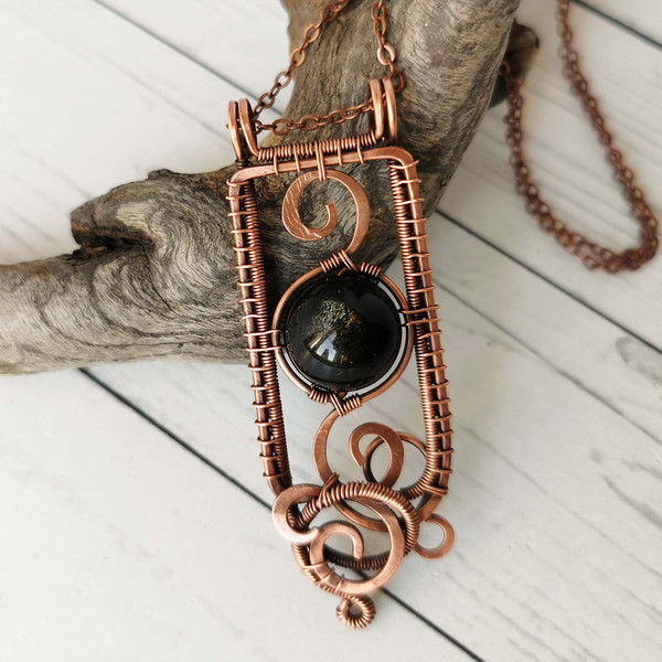 Wire-wrapped-pendant-with-Gold-Sheen-Obsidian-bead-Copper-necklace-with-Obsidian-4.jpg