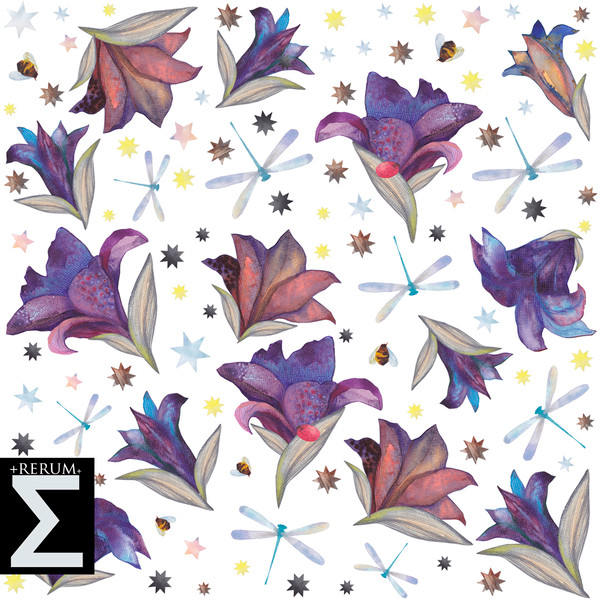 watercolor seamless pattern floral design nature  lilies bees dragonflies stars purple color ladybag