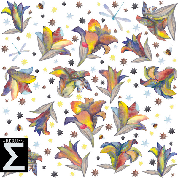 watercolor seamless pattern floral design nature  lilies bees dragonflies stars yellow color