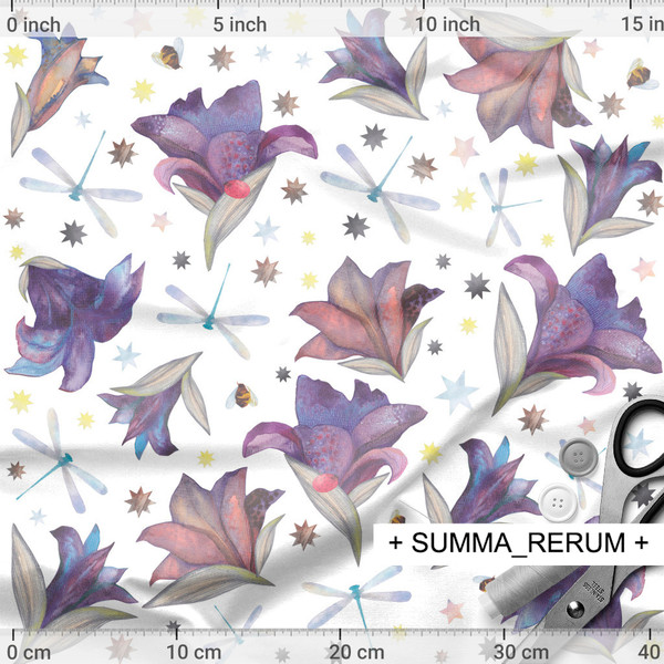 watercolor seamless pattern floral design nature  lilies bees dragonflies stars design fabric printing textile purple flowers