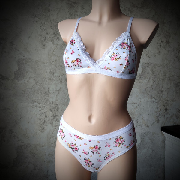 Organic cotton lingerie set, White Floral Women's Underwear - Inspire Uplift