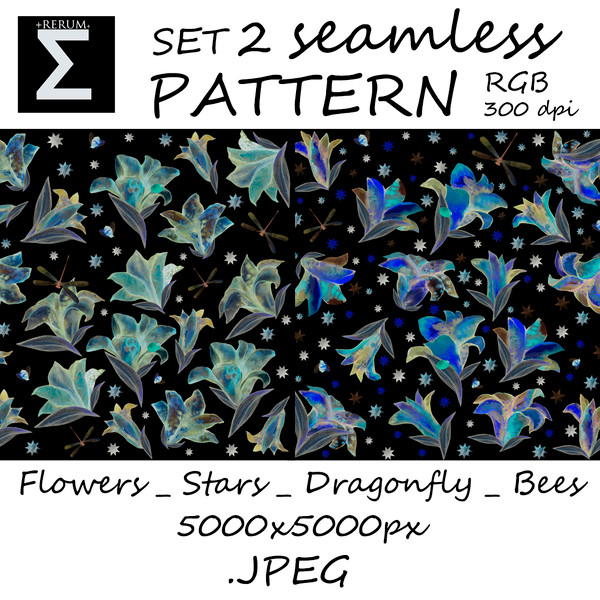 seamless pattern floral design nature lilies bees dragonflies stars digital wallpaper fabric endless background diy rgb