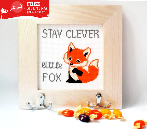 Be clever Stay clever Baby fox Little fox Embroidery kids Nursery wall hook Nursery decor Finished cross stitch picture.jpg