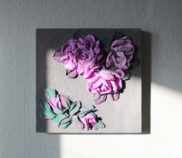 Roses, floral painting, original floral plaster sculpture, wall decor, texture artwork.