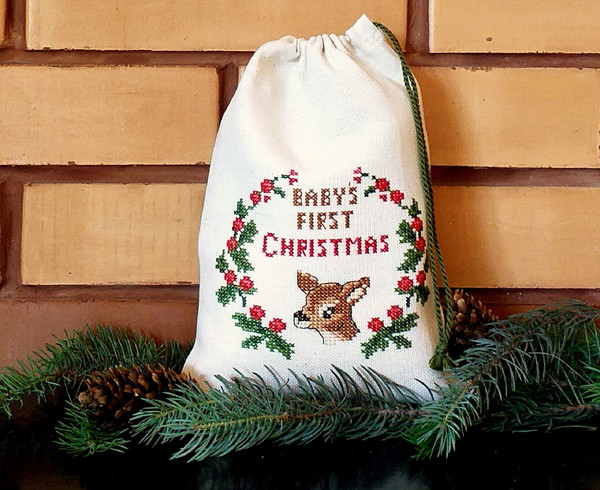 Babys First Christmas Ornament. New Baby First Christmas Stocking. Reindeer Santa Sack. Personalized Santa Sack. Embroidered Christmas Bag.jpg