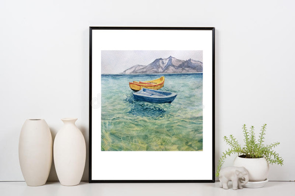 "Boats" watercolor painting original wall art landscape seascape picture sea water wave artwork