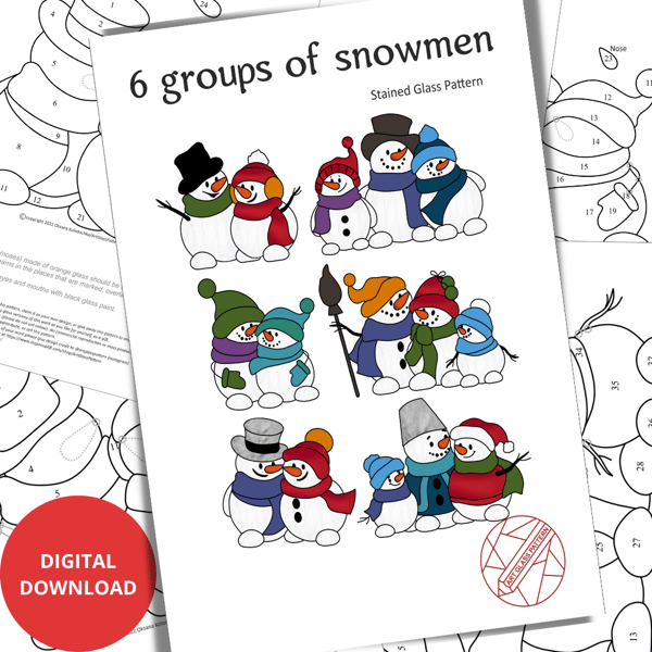 Stained-glass-patterns-of-6-groups-of-hugging-snowmen-wearing-colored-hats-and-scarves