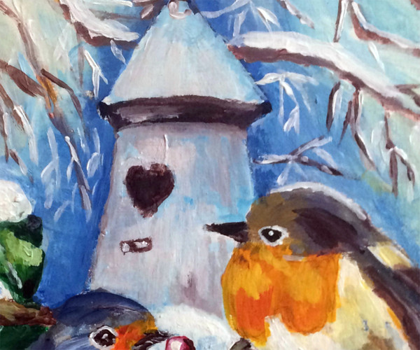 bird house and robin painting