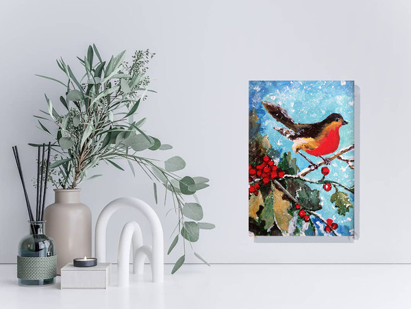 Сhristmas painting with bird and red berries