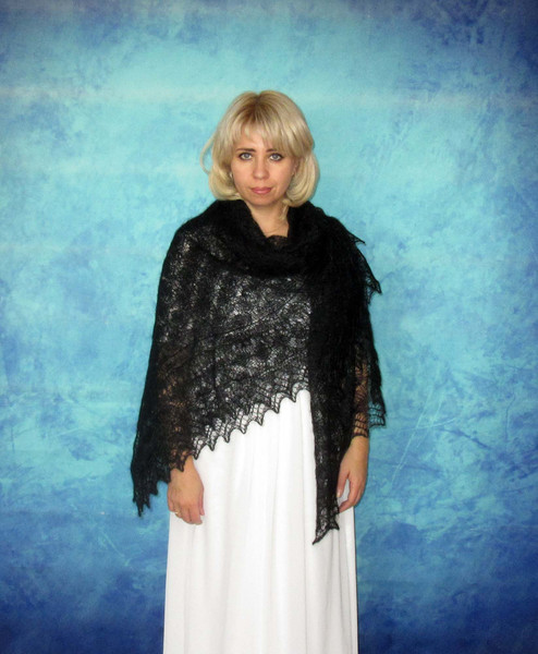 Black-Russian-shawl, Hand knit-Orenburg-cape, Wool-wrap, Goat-down-kerchief, Warm-cover up, Handmade-stole, Mourning-cape, Big-scarf, Gift for her, Present for