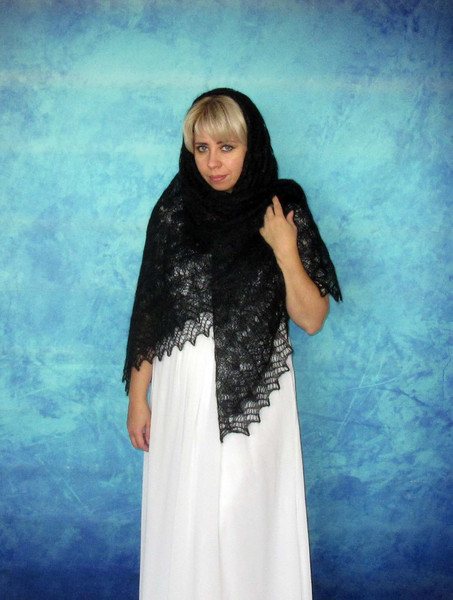 Black shawl from Russia, Hand knit Orenburg shawl, Handmade wool wrap, Goat hair kerchief, Warm cover up, Mohair stole, Mourning cape, Winter scarf, Gifts for w
