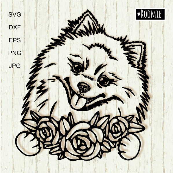 Pomeranian-Spitz-with-flowers-black-and-white-Clipart-.jpg