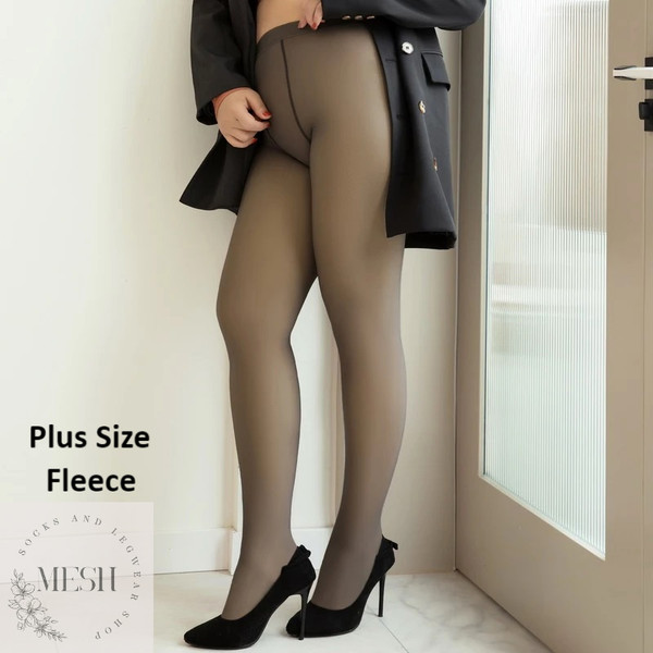 Plus Size Translucent Fleece Tights Womens Leggings Sheer Fa