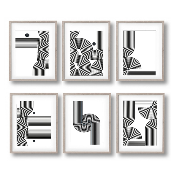 minimalist posters, mid centure art set of 6 prints, in gray tones