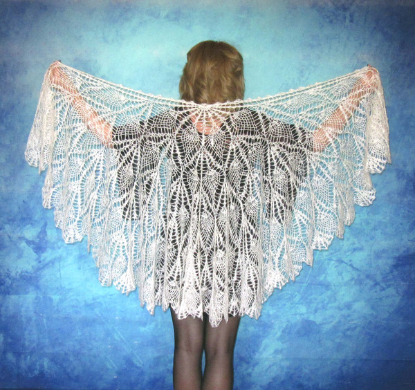 White crochet Russian shawl, Hand knit Orenburg shawl, Wool shoulder wrap, Goat down stole, Warm bridal cape, Openwork cover up, Kerchief, Gift for a woman 2.JP