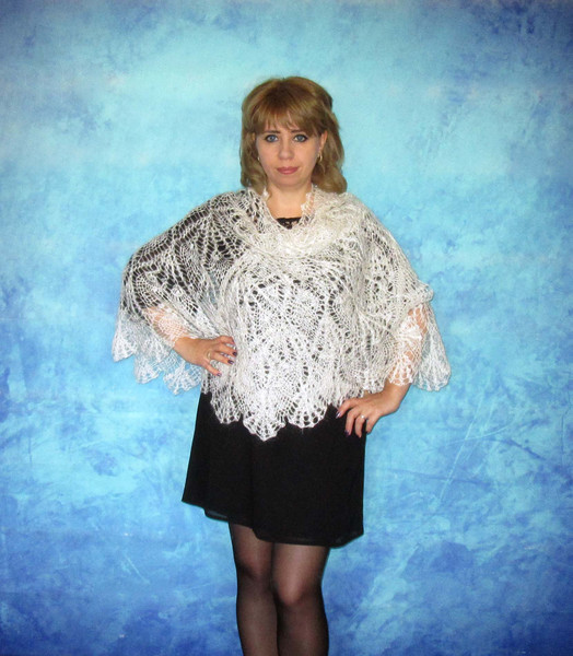 White crochet Russian shawl, Hand knit Orenburg shawl, Wool shoulder wrap, Goat down stole, Warm bridal cape, Openwork cover up, Kerchief, Gift for a woman 5.JP