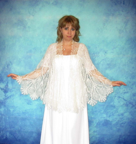 White crochet Russian shawl, Hand knit Orenburg shawl, Wool shoulder wrap, Goat down stole, Warm bridal cape, Openwork cover up, Kerchief, Gift for a woman 7.JP