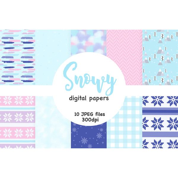 Winter digital crafting papers for Christmas. New Year bright bright patterns with snowflakes. Pink and blue pastel winter digital backgrounds. Blue checkered p