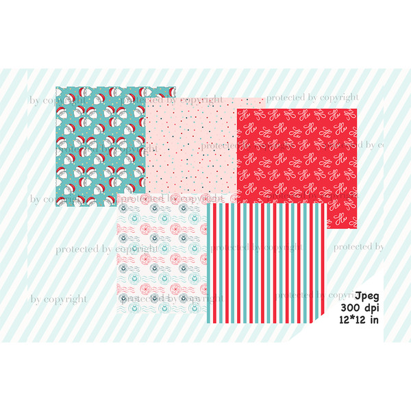 Winter digital papers with Santa Claus for crafting for Christmas. Santa's mail patterns with stamps. Ho ho ho red winter digital backgrounds. Red-blue-white st