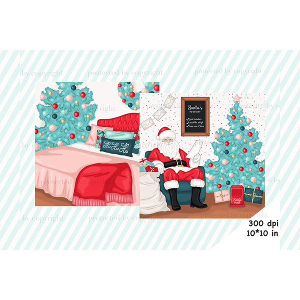 Santa Claus in a red suit and Santa's hat reads a letter with glasses in the living room next to the Christmas tree. Christmas decor in the living room and bedr