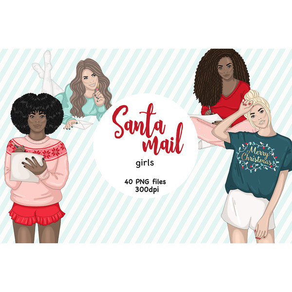 European white-skinned girl lying on her stomach writes a letter to Santa Claus. White-skinned blonde in a T-shirt with the inscription Merry Christmas. African