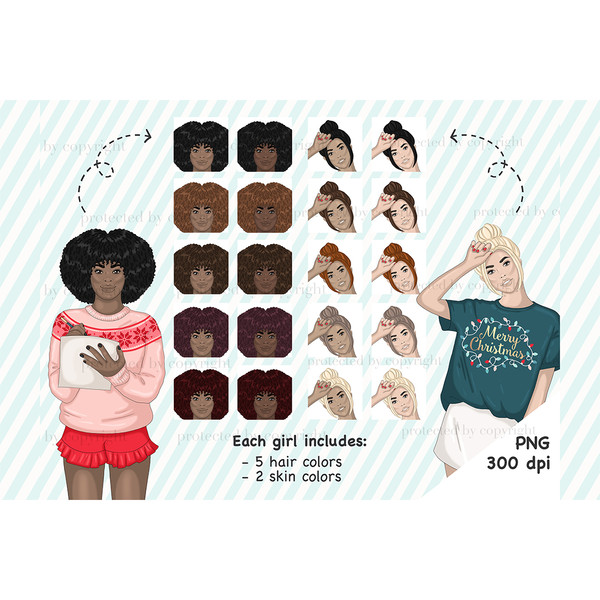A girl in a T-shirt with the inscription Merry Christmas and a garland. An African American girl in a pink sweater with snowflake print and red shorts writes a 