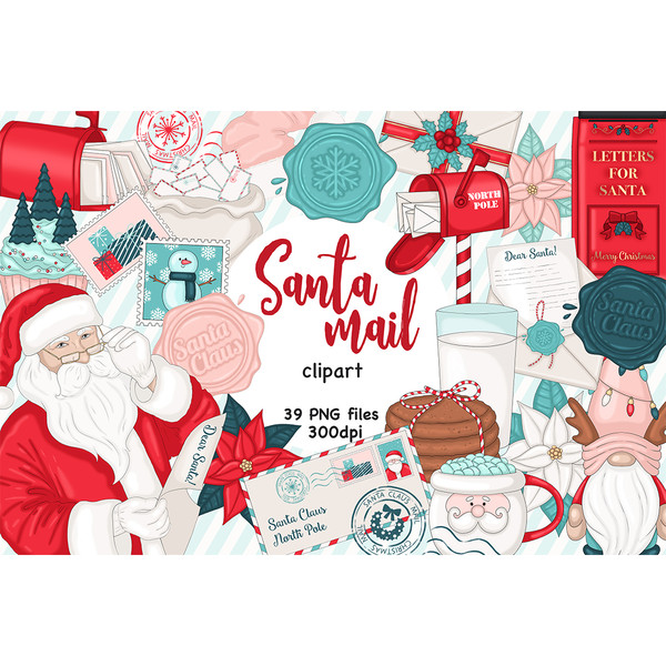 Santa Claus in a red suit and Santa's hat reads a letter with glasses. Santa's mailbox at the North Pole. Milk and a stack of oatmeal cookies for Santa Claus. C