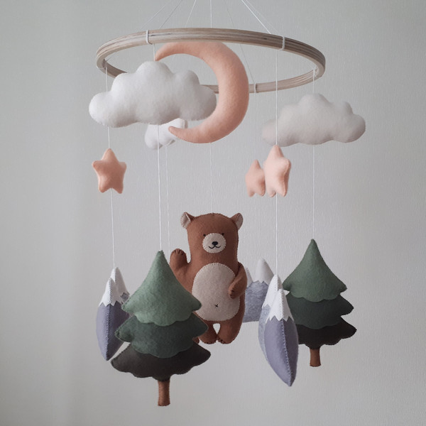 Baby crib mobile woodland nursery decor, forest mobile, bear
