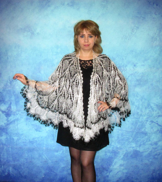 White crochet Russian shawl with black and gray border, Hand knit Orenburg shawl, Wool shoulder wrap, Goat down stole, Warm bridal cape, Openwork cover up, Moha