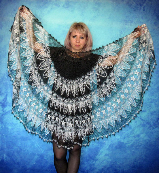 Black and white crochet shawl, Hand knit warm Russian Orenburg shawl, Shoulder wrap, Goat wool stole, Downy cape, Cover up, Lace kerchief, Gift for her.JPG