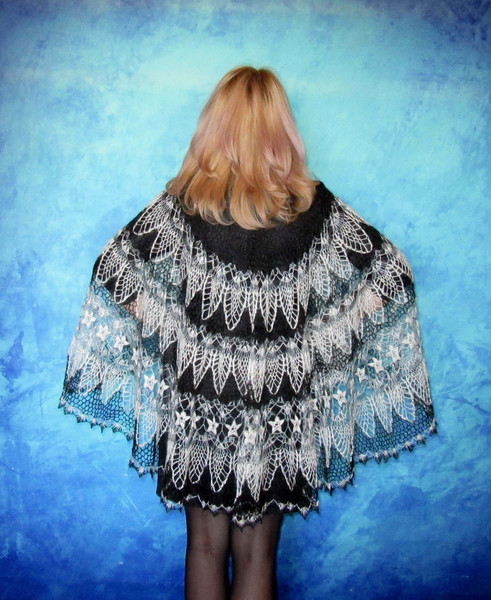 Black and white crochet shawl, Hand knit warm Russian Orenburg shawl, Shoulder wrap, Goat wool stole, Downy cape, Cover up, Lace kerchief, Gift for her 3.JPG