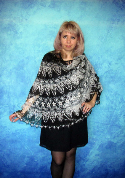 Black and white crochet shawl, Hand knit warm Russian Orenburg shawl, Shoulder wrap, Goat wool stole, Downy cape, Cover up, Lace kerchief, Gift for her 6.JPG