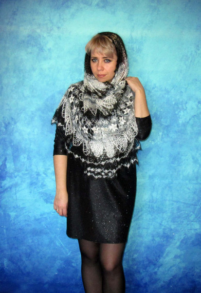 Black and white crochet shawl, Hand knit warm Russian Orenburg shawl, Shoulder wrap, Goat wool stole, Downy cape, Cover up, Lace kerchief, Gift for her 8.JPG