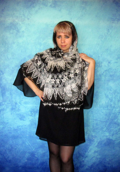 Black and white crochet shawl, Hand knit warm Russian Orenburg shawl, Shoulder wrap, Goat wool stole, Downy cape, Cover up, Lace kerchief, Gift for her 7.JPG
