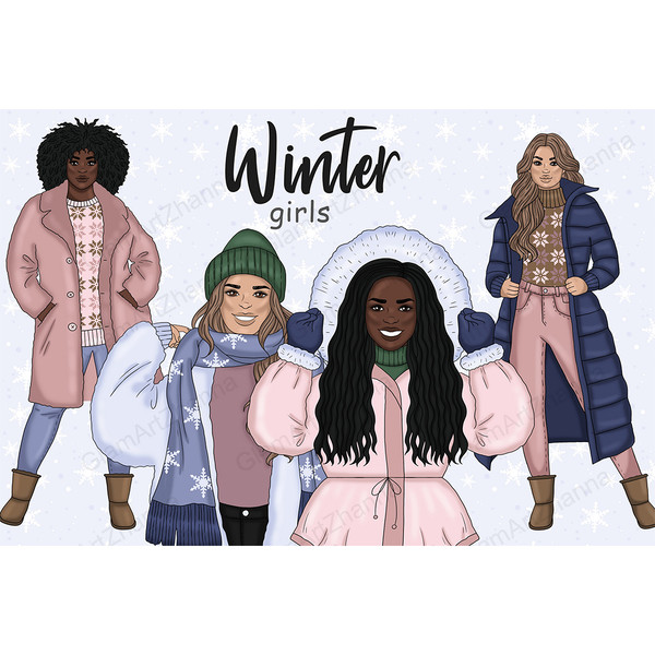 European white girls in winter down jackets, hats, sweaters and ugg boots. African American girl in a pink warm down jacket, a pink sweater with a snowflake pri