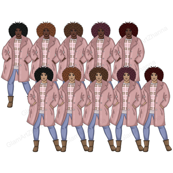 African American girl in a pink warm down jacket, a pink sweater with a snowflake print, jeans and uggs stands with her hands in her pockets. Various shades of 